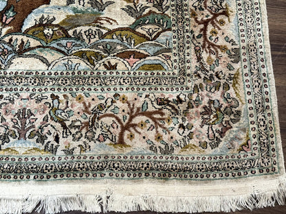 Indian Kashmiri Silk Rug 4x7, Tree of Life Design, Very Fine 380 KPSI, Birds