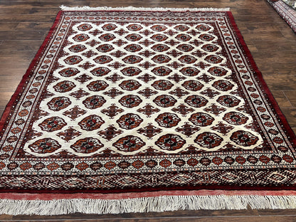 Persian Turkoman Rug Yamud 7x8 Hand Knotted Cream Red Bohemian Tribal Carpet
