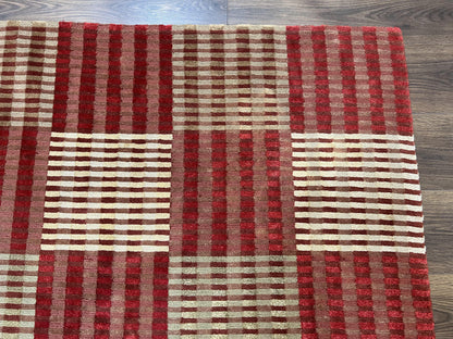 Modern Tibetan Rug 8x10, Hand Knotted Contemporary Nepali Carpet 8 x 10, Checkerboard Design, Red Cream Light Brown, Very Fine Wool & Silk