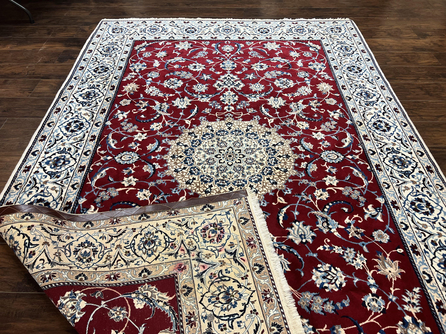 Persian Nain Rug 6x10, Wool and Silk Highlights, Red and Ivory, Floral Medallion, Vintage Handmade Hand Knotted, Fine 225 KPSI, Traditional Rug