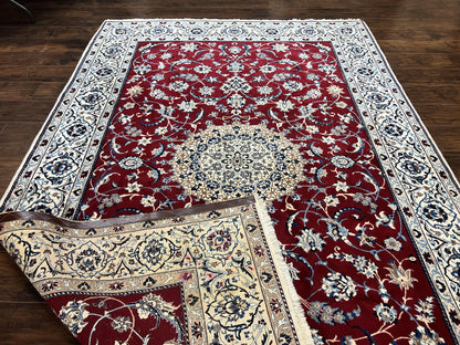 Persian Nain Rug 6x10, Wool and Silk Highlights, Red and Ivory, Floral Medallion, Vintage Handmade Hand Knotted, Fine 225 KPSI, Traditional Rug