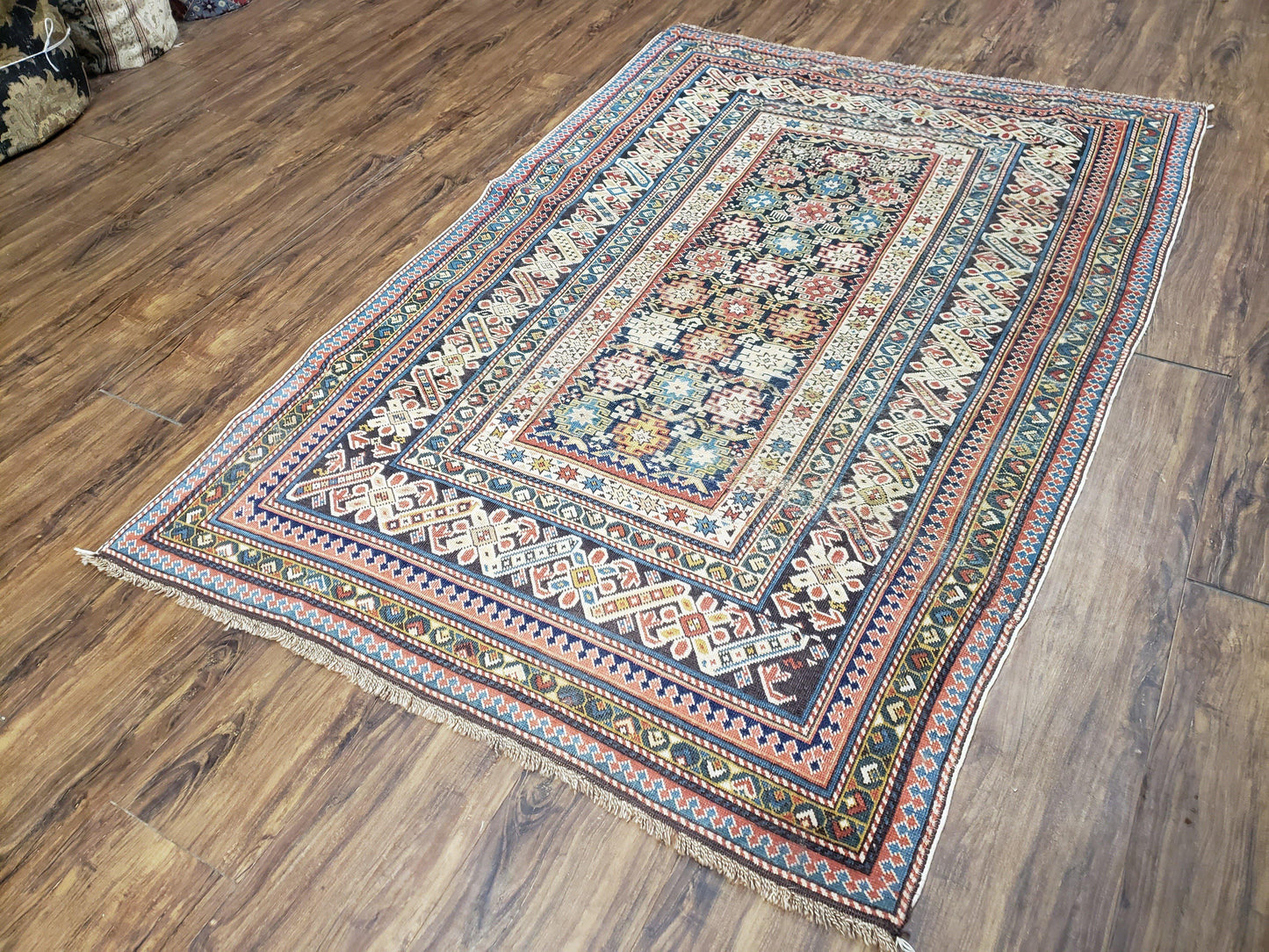 Caucasian Rug Hand Knotted 3 Ft 9 In By 5 Ft 7 In Antique 1920s Chi Chi Carpet Wool Colorful Dark Blue Cream Red