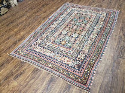 Caucasian Rug Hand Knotted 3 Ft 9 In By 5 Ft 7 In Antique 1920s Chi Chi Carpet Wool Colorful Dark Blue Cream Red
