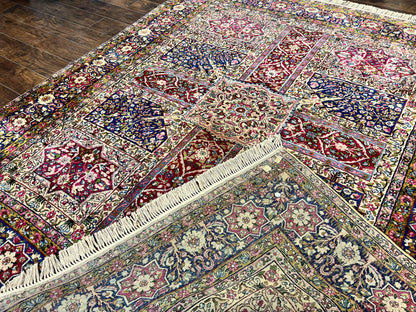 Persian Kirman Lavar Rug 8x9, Antique Persian Carpet, Colorful Multicolor 1920s Handmade Wool Rug, Garden Panel Design, Fine 200 KPSI