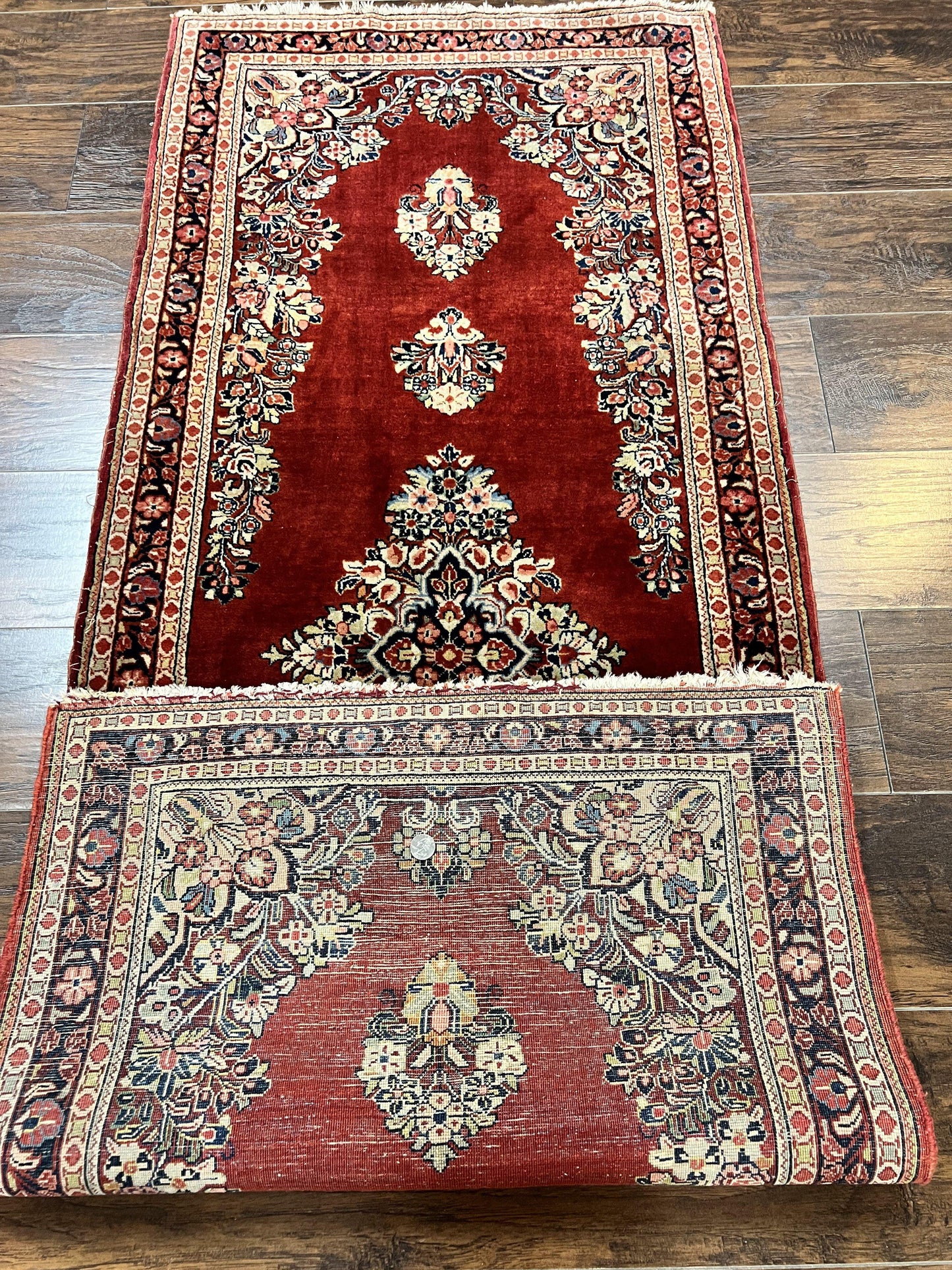 Persian Sarouk Runner Rug 2.7 x 6, Semi Open Field, Red, Handmade Hand Knotted, Wool Oriental Carpet, Vintage Semi Antique