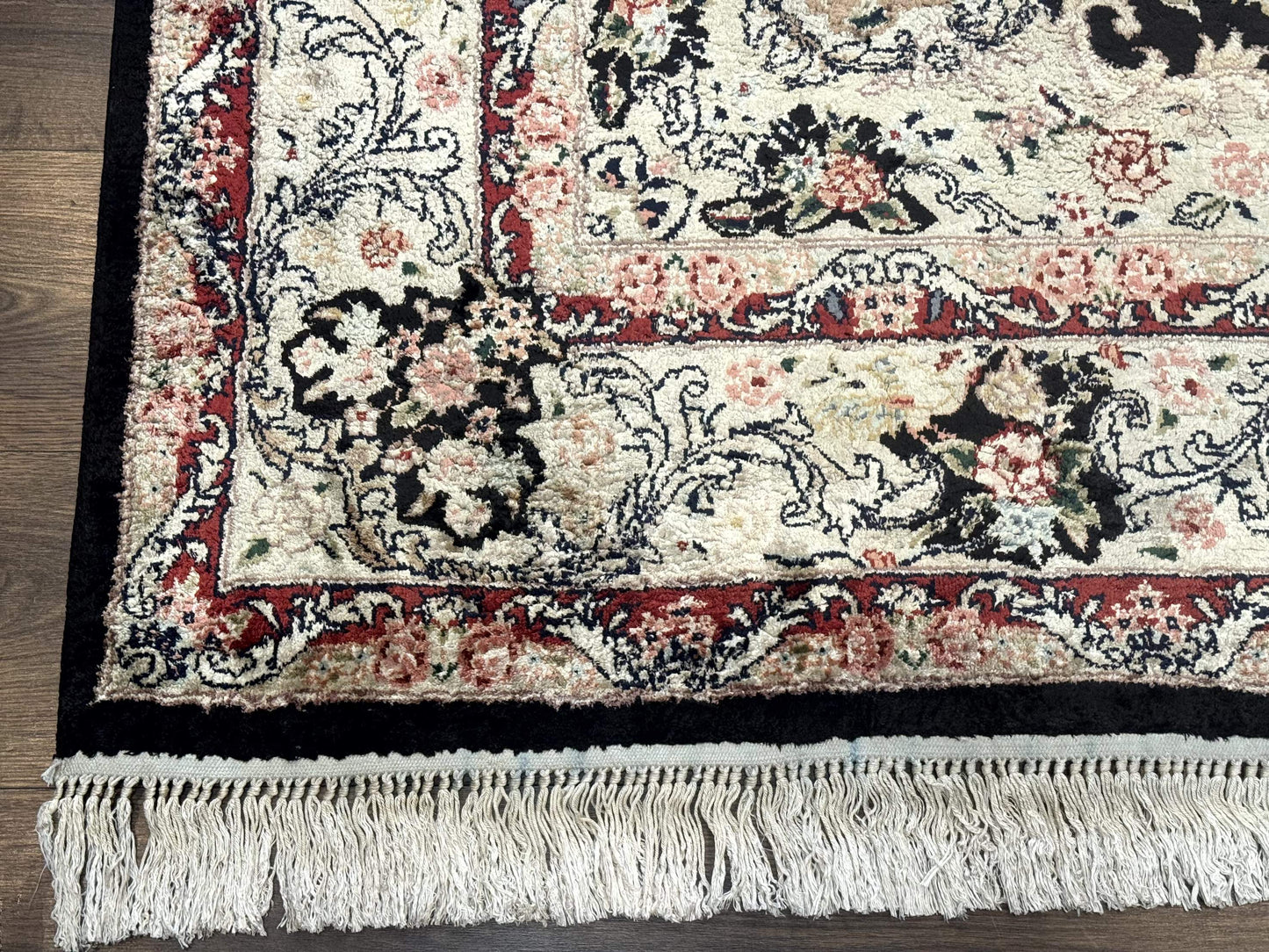 Indian Kashmiri Silk Rug, Floral Medallion, Vintage Hand Knotted Carpet