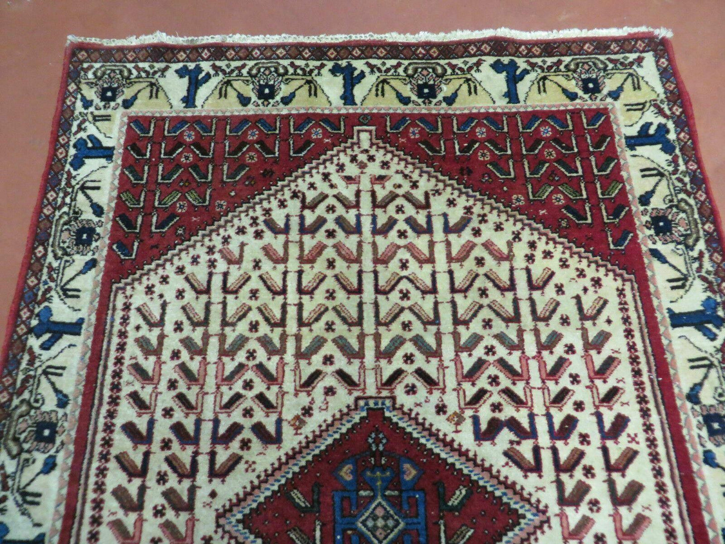 Vintage Handmade Wool Rug India Geometric Oriental Birds Ivory Red 3x5
