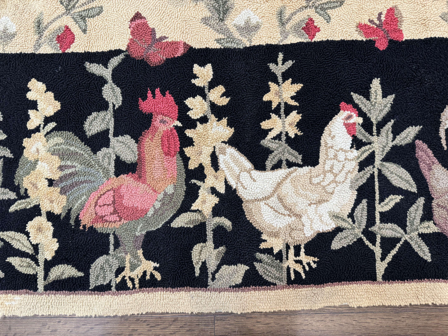 Vintage Hooked Rug 7x9, Rosters in Border, Roses and Butterflies