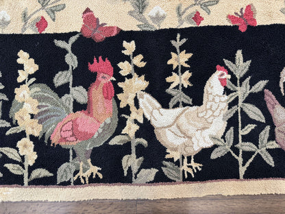 Vintage Hooked Rug 7x9, Rosters in Border, Roses and Butterflies