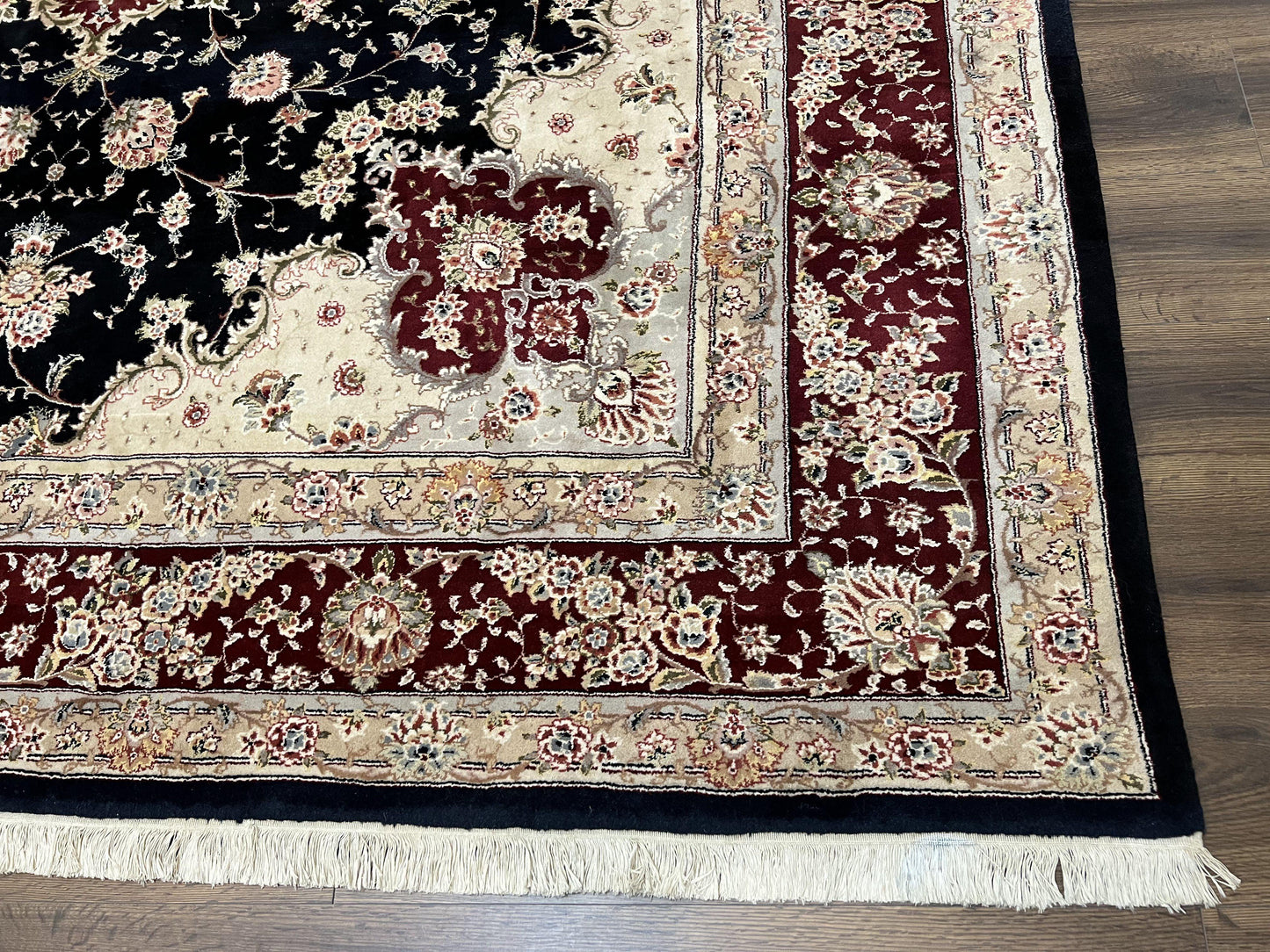 Pak Persian Rug 8.8 x 10.6, Floral Medallion, Wool and Silk Hand Knotted Fine Oriental Carpet, Elegant Rug, Black Gray Burgundy, Room Sized