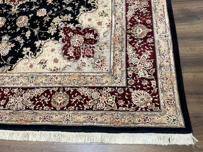 Pak Persian Rug 8.8 x 10.6, Floral Medallion, Wool and Silk Hand Knotted Fine Oriental Carpet, Elegant Rug, Black Gray Burgundy, Room Sized