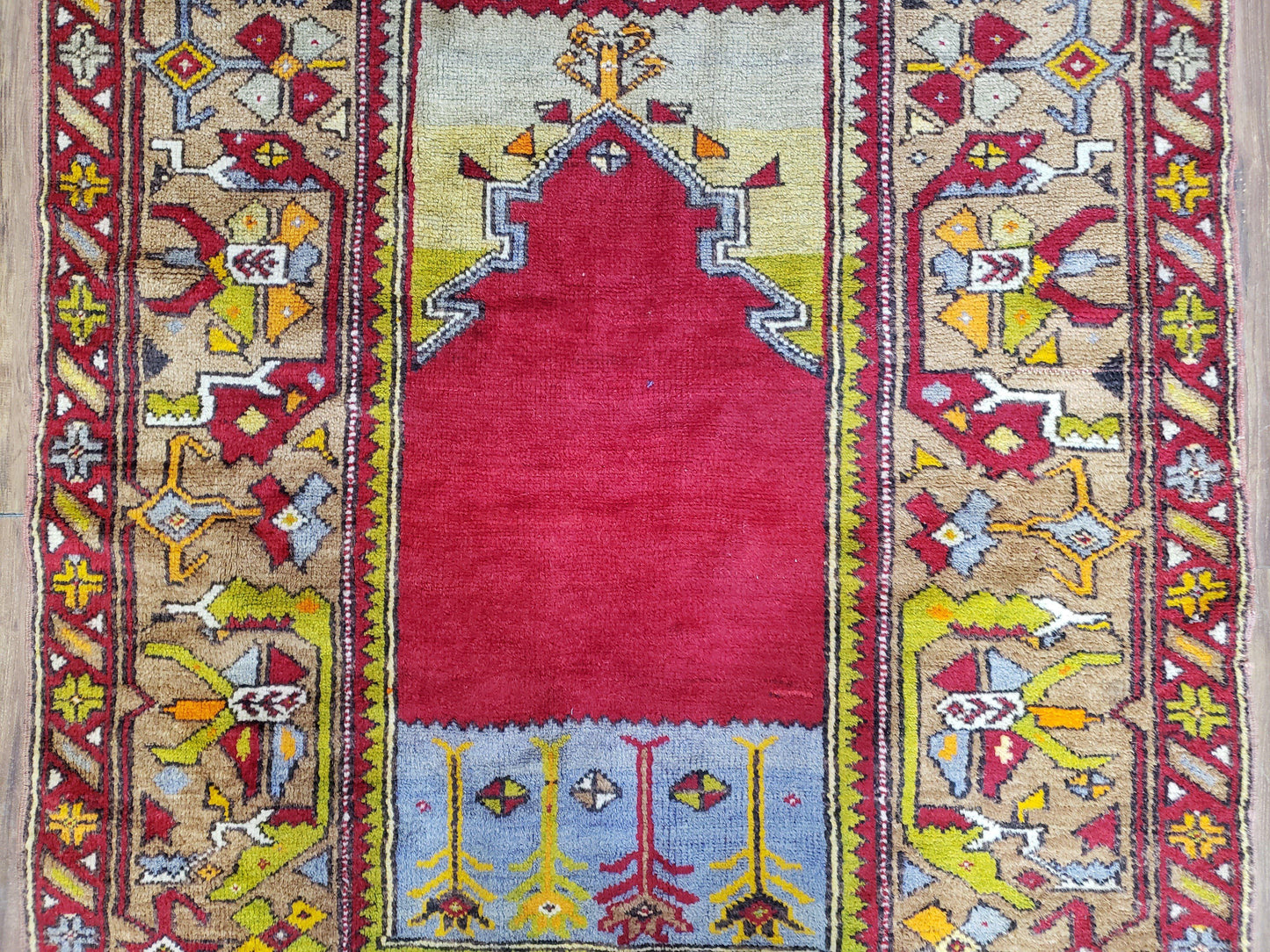 Antique Turkish Prayer Rug Handwoven Wool 3.8 By 5 Feet Colorful Red Blue Gold Anatolian Carpet