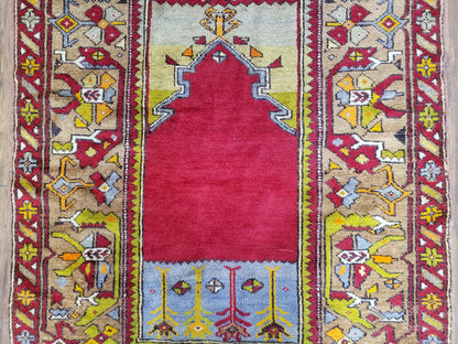 Antique Turkish Prayer Rug Handwoven Wool 3.8 By 5 Feet Colorful Red Blue Gold Anatolian Carpet