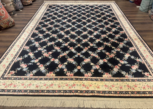 Karastan Garden of Eden Rug 8.8 x 12 Ebony Trellis Floral Wool Pile Vintage Discontinued