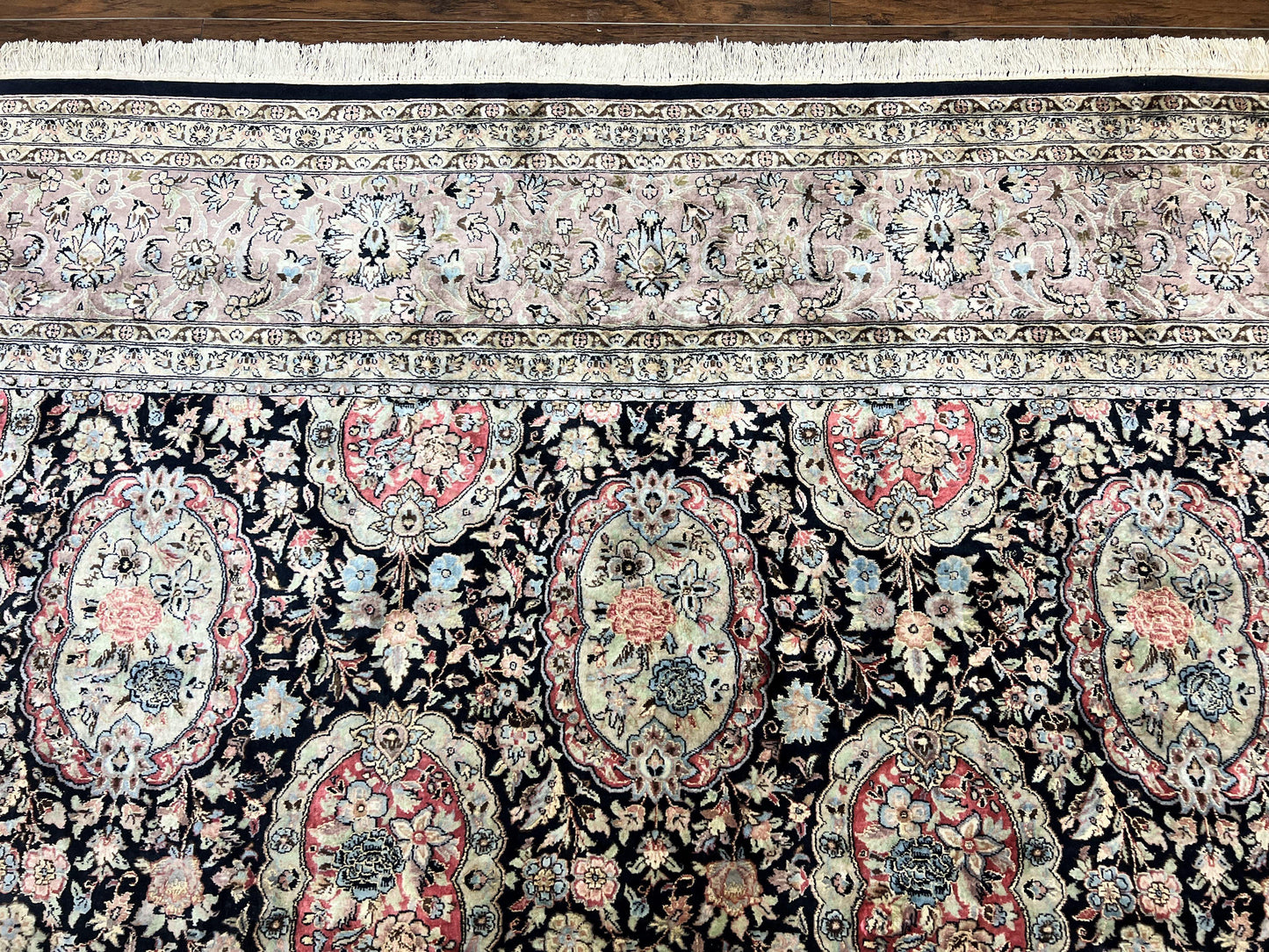 Sino Persian Rug 9x12 Navy Blue and Pink Hand Knotted Wool Silk Floral Vintage Oriental Carpet