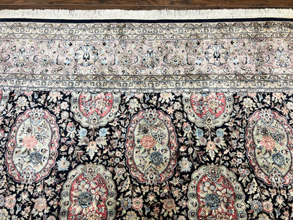 Sino Persian Rug 9x12 Navy Blue and Pink Hand Knotted Wool Silk Floral Vintage Oriental Carpet