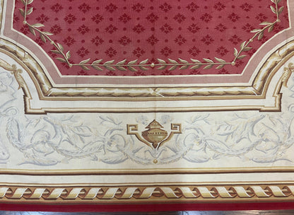 Elegant Aubusson Rug 9x12 Handmade Wool Carpet Red Ivory Vintage French Design