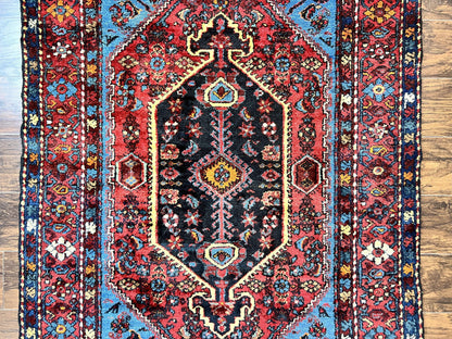 Antique Persian Tribal Rug 4x7, Wool Handmade 1920s Carpet, Red Blue, Persian Hamadan Rug