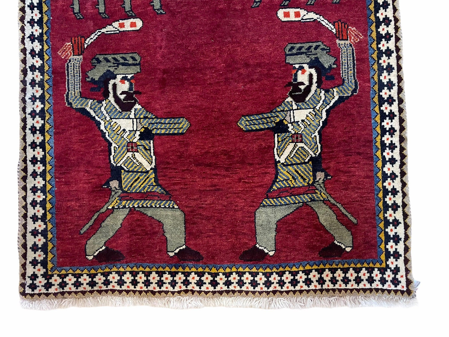 Handmade Wool Rug 3x6 Tribal Balouch Warriors Deer Pictorial Red Swords