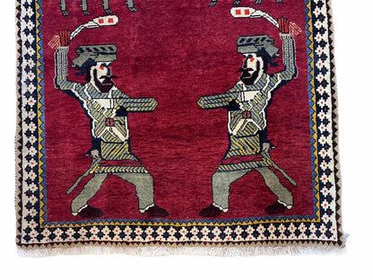 Handmade Wool Rug 3x6 Tribal Balouch Warriors Deer Pictorial Red Swords