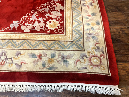 Chinese Wool Rug 8.6 By 11 Vintage Handmade Carved Chinese Oriental Carpet Plush Pile Semi Open Field