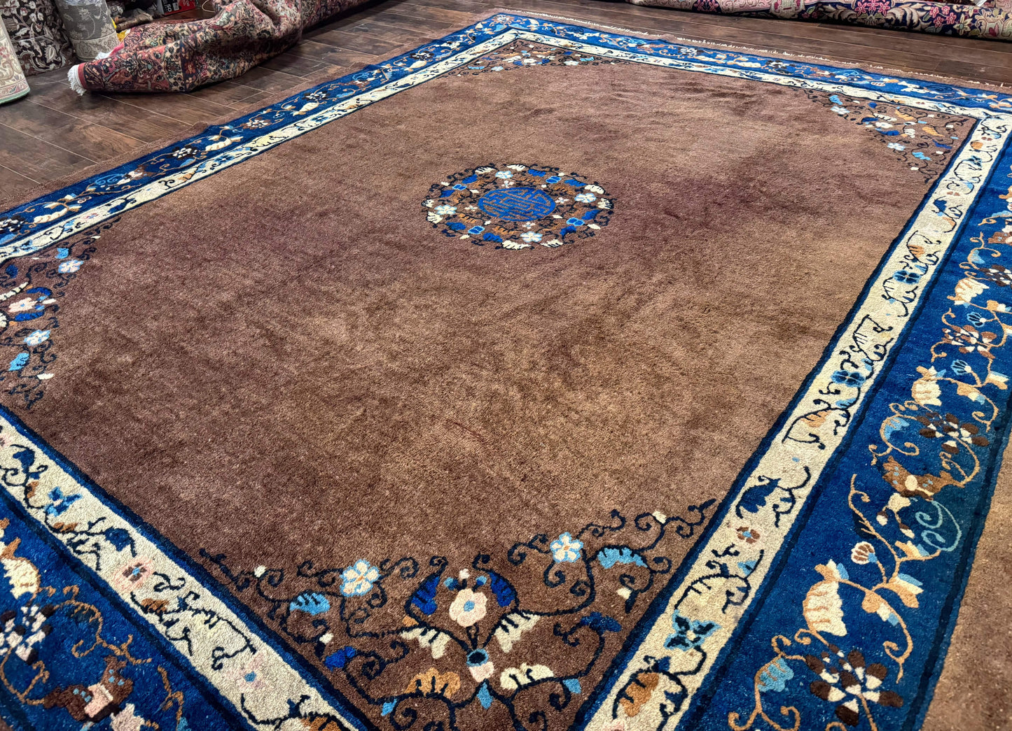 Antique Chinese Wool Rug 9x11 Large Peking Style Art Deco Open Field Fete Rug