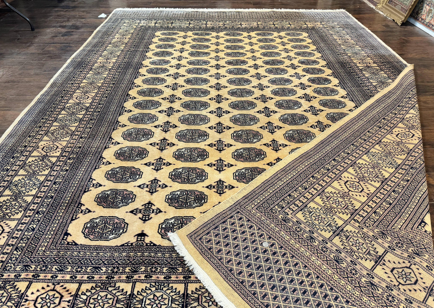 Pakistani Bokhara Turkoman Rug 9x11, Cream, Handmade Wool Vintage Carpet