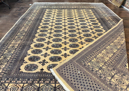 Pakistani Bokhara Turkoman Rug 9x11, Cream, Handmade Wool Vintage Carpet