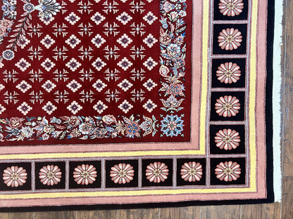 Pakistani Rug 6x9, European Aubusson Design, Wool Handmade Vintage Carpet, Dark Red, 6 x 9 Medium Sized Rug