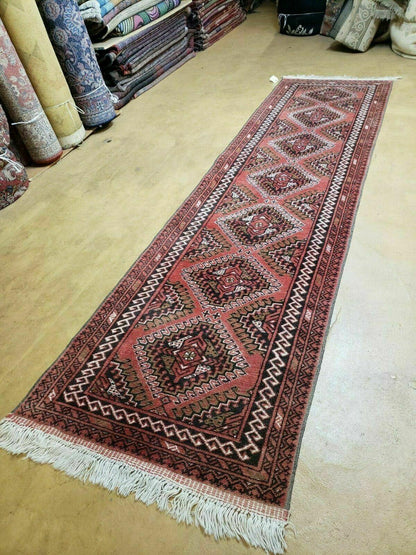 2' 5" X 9' Vintage Handmade Bokhara Red Turkoman Pakistani Wool Runner Rug Organic