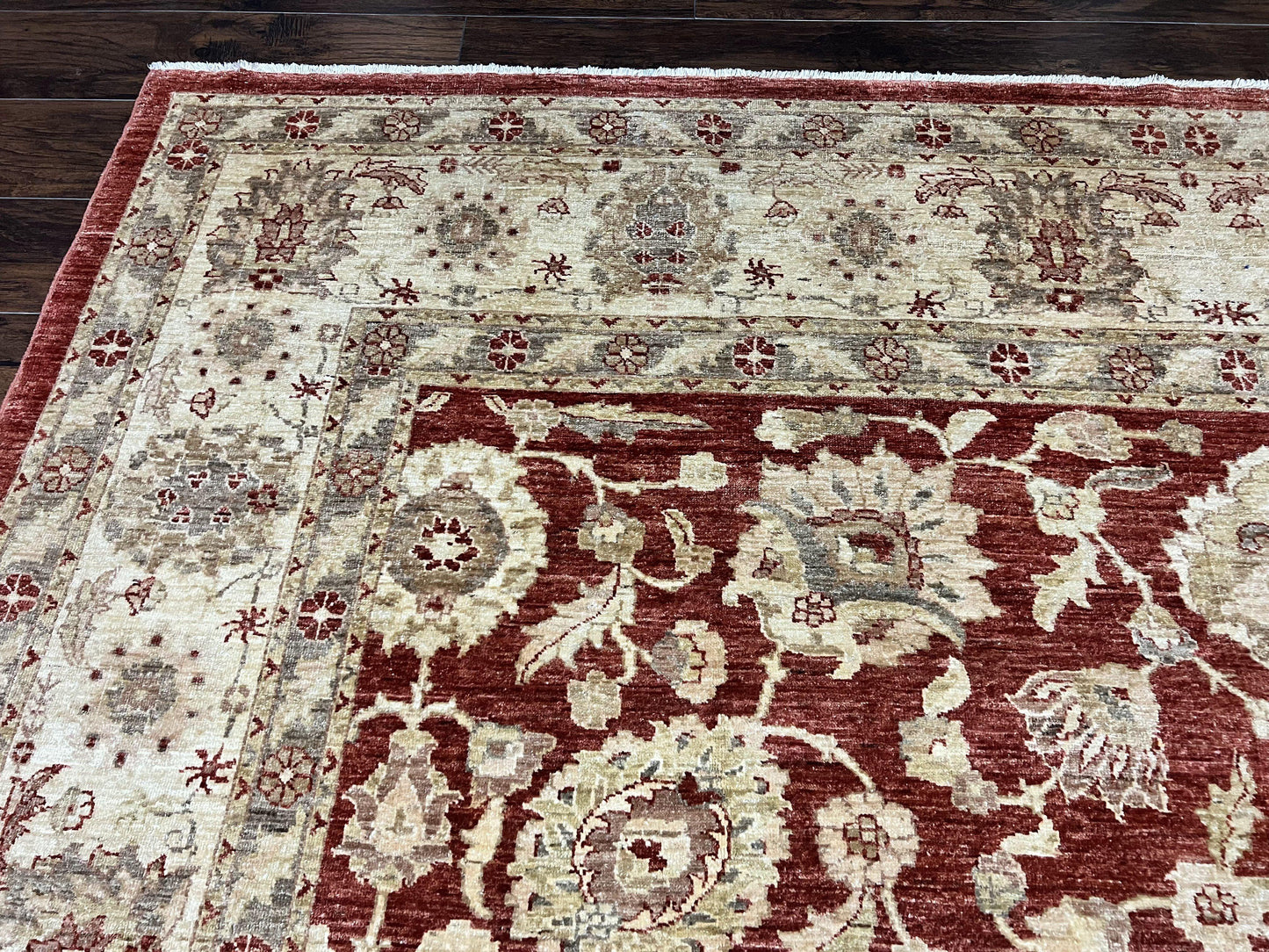 Pak Persian Rug 10x14, Sultanabad Mahal Peshawar Chobi Carpet, Large Vintage Wool Oriental Rug, Maroon & Beige, Floral Allover, Handmade