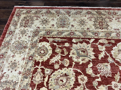 Pak Persian Rug 10x14, Sultanabad Mahal Peshawar Chobi Carpet, Large Vintage Wool Oriental Rug, Maroon & Beige, Floral Allover, Handmade