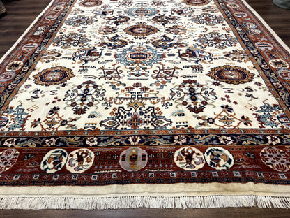 Indo Chinese Wool Rug 9x12 Ivory And Rust Red Dragon Motifs Hand Knotted