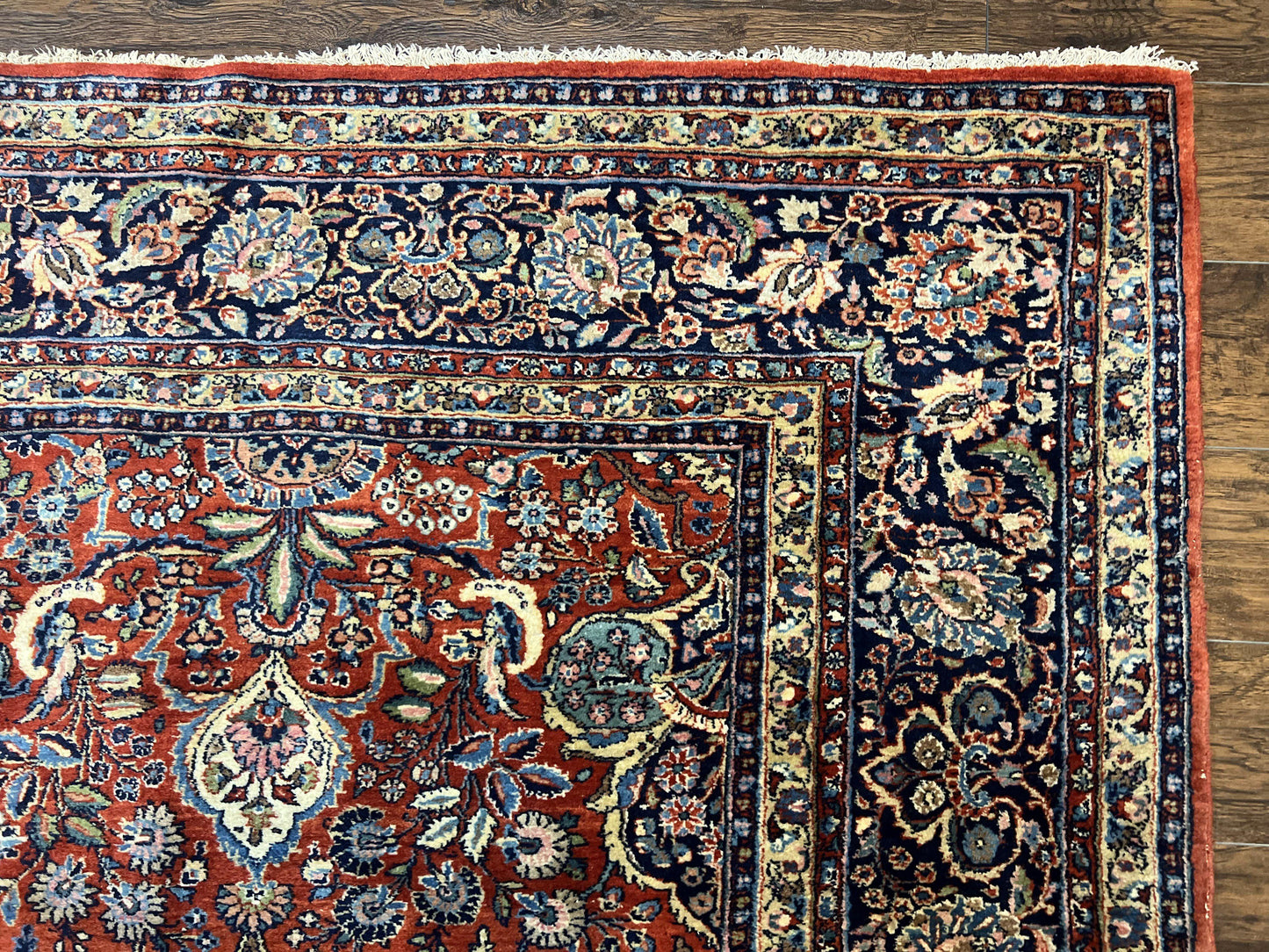 Persian Sarouk Rug 9x12 Handmade Wool Qazvin Antique Carpet Red And Dark Blue Floral Allover