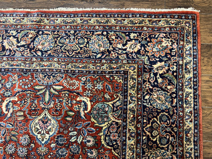 Persian Sarouk Rug 9x12 Handmade Wool Qazvin Antique Carpet Red And Dark Blue Floral Allover