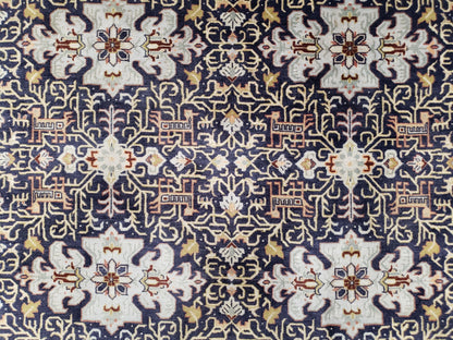 Persian Kashan Rug Hand Knotted Wool Navy Blue