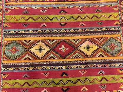 Unique Moroccan Rug 7x10, Room Sized Carpet, Red Orange Gray, Wool Oriental Striped Geometric Tribal Boho Rug, Flatweave with Raised Pile