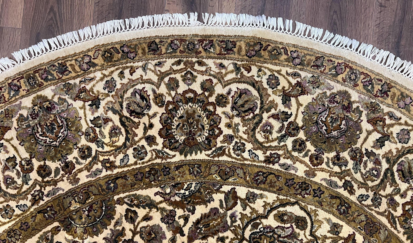 Round Indo Persian Rug 8 by 8 ft Hand Knotted Vintage Wool Circular Carpet Floral Medallion Cream and Green