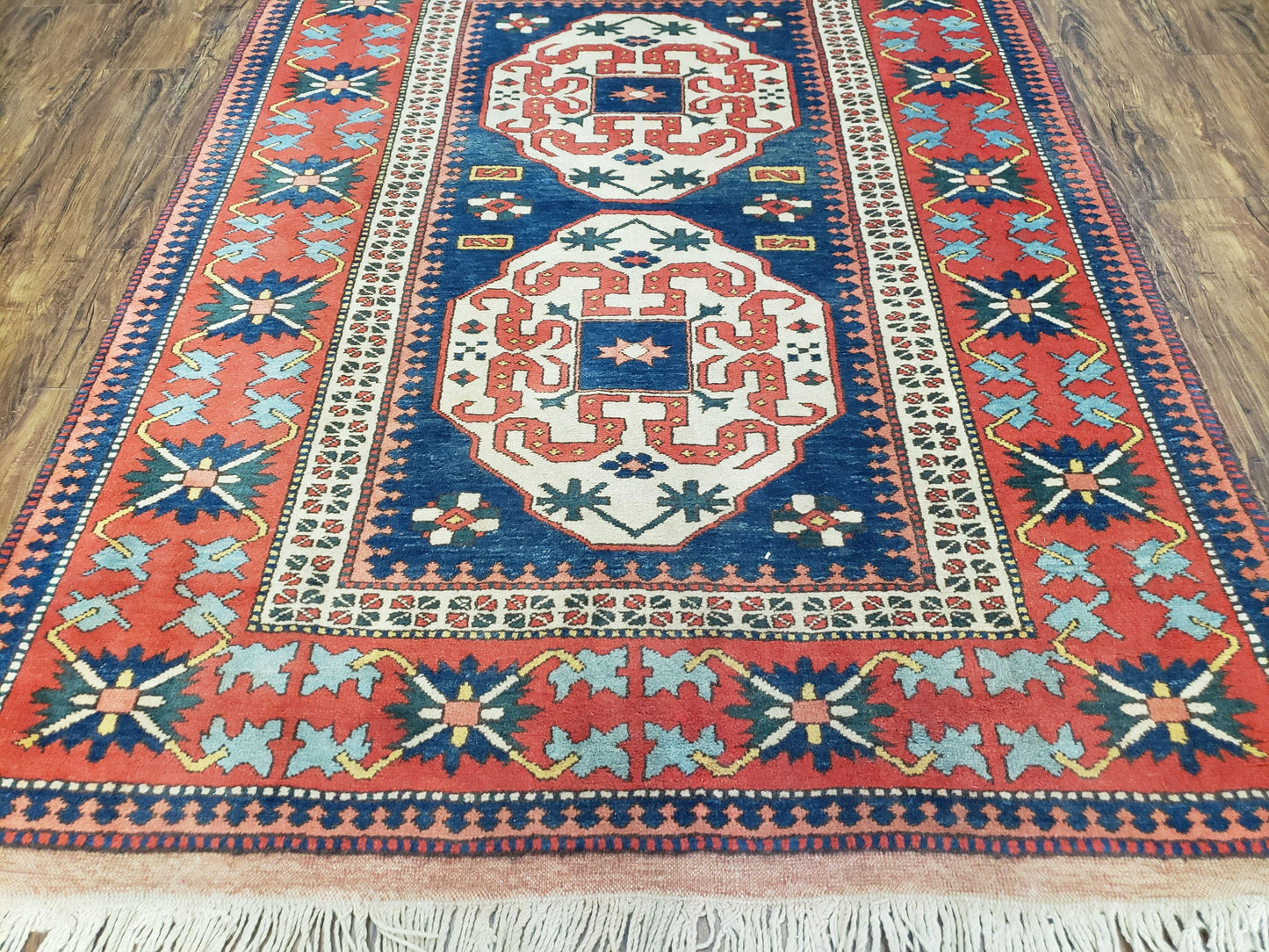 Turkish Kazak Rug 5x6 Vintage Handmade Wool Carpet With Geometric Blue Red Design