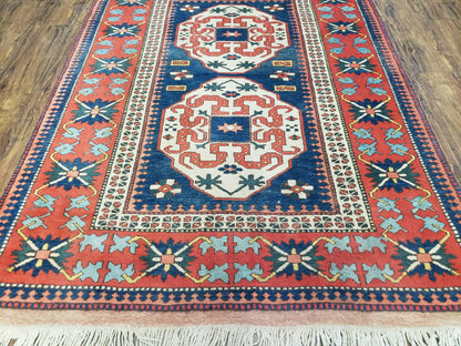 Turkish Kazak Rug 5x6 Vintage Handmade Wool Carpet With Geometric Blue Red Design