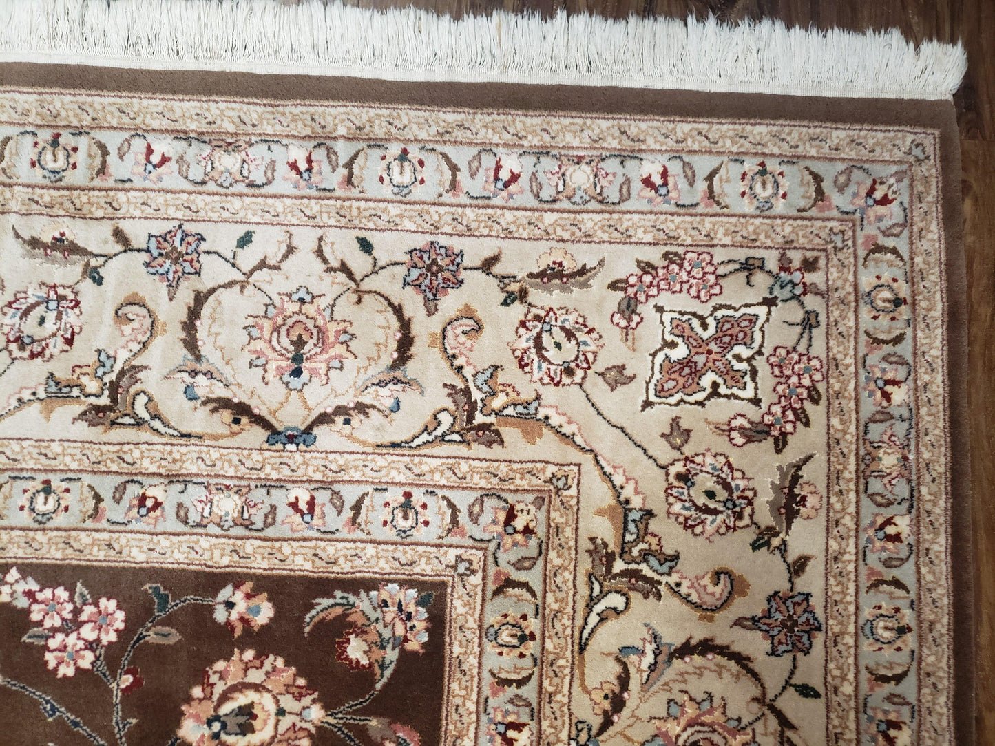 Pak-Persian Vintage Wool Rug 9x12 Hand-Knotted Spice Brown Ivory Traditional Oriental Carpet