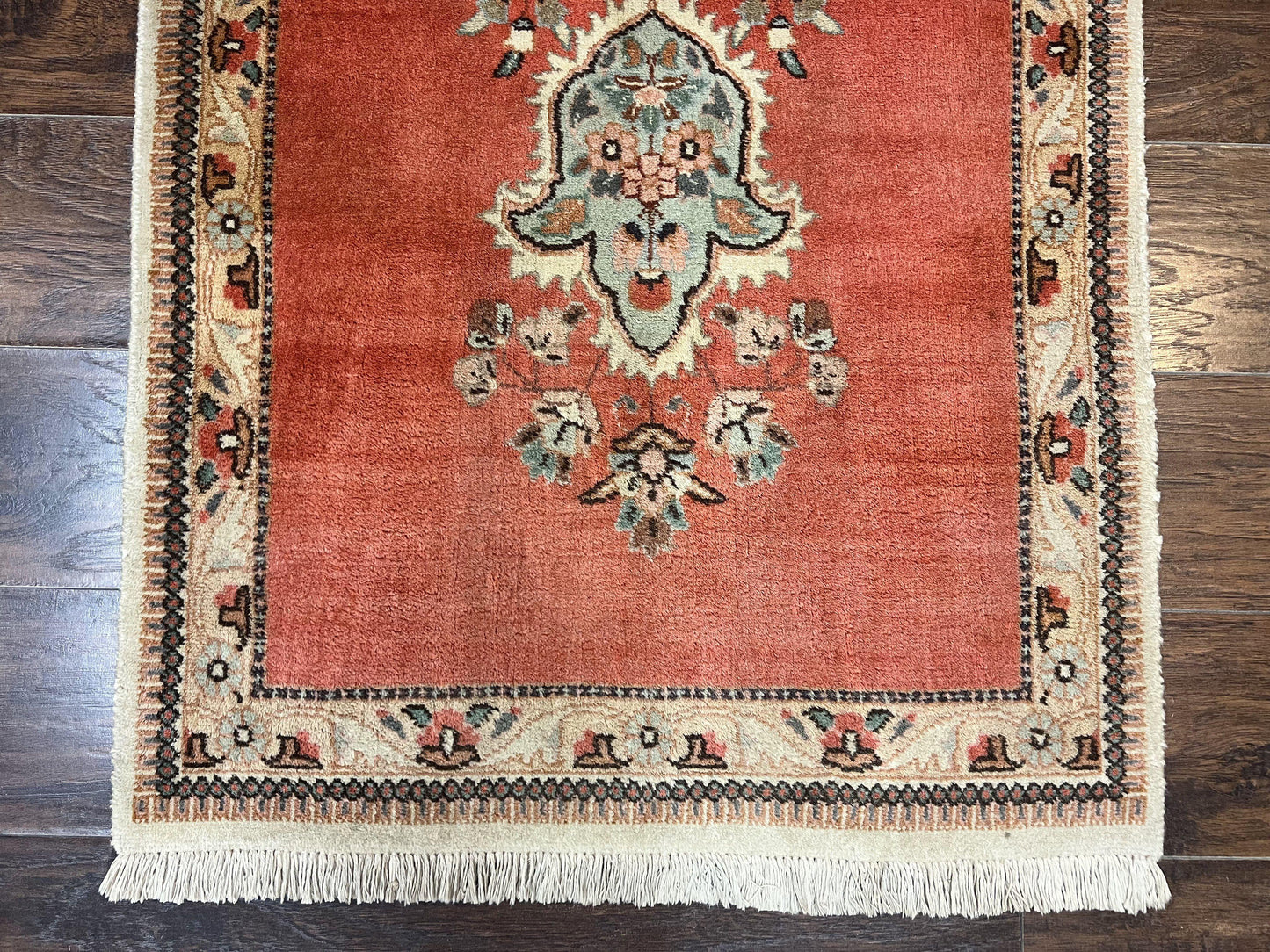 Persian Tabriz Runner Rug 3 x 12, Vintage Hand Knotted Wool Oriental Hallway Carpet, Light Red Beige Tan, Fine Weave, Semi Open Field, Traditional