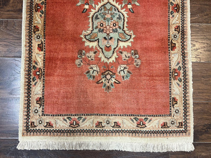Persian Tabriz Runner Rug 3 x 12, Vintage Hand Knotted Wool Oriental Hallway Carpet, Light Red Beige Tan, Fine Weave, Semi Open Field, Traditional