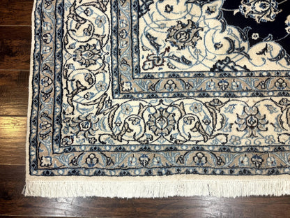 Persian Nain Rug 8x11, Navy Blue and Ivory, Handmade Wool Vintage Carpet, Floral Medallion