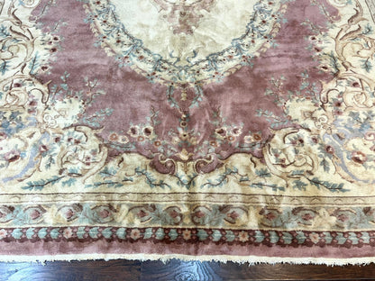 Indo Chinese Aubusson Wool Rug 10x14, Pink and Cream, Handmade Vintage Wool Carpet, Elegant European Design
