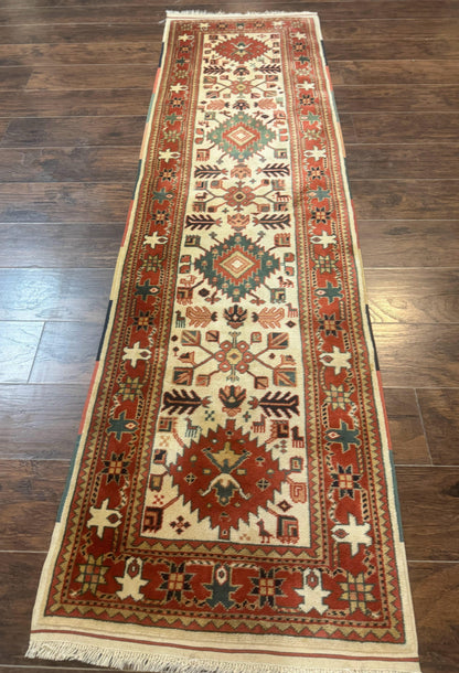 Turkish Runner Rug 2.4 By 8 Feet Kazak Geometric Heriz Pattern Beige And Red Hand Knotted Wool