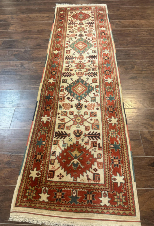 Turkish Runner Rug 2.4 By 8 Feet Kazak Geometric Heriz Pattern Beige And Red Hand Knotted Wool