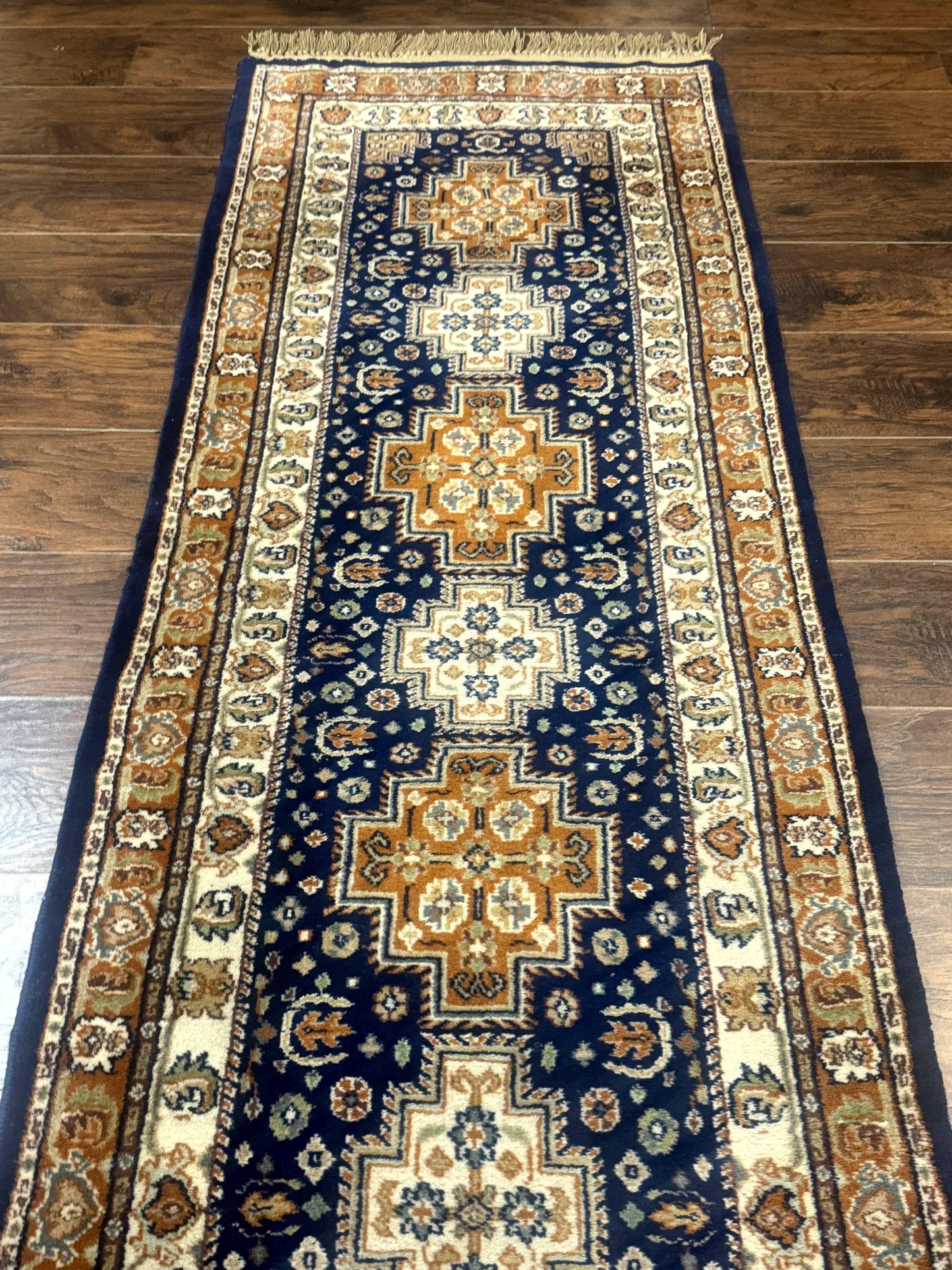 Indo Persian Runner Rug 2.6 x 12.7, Indian Kashmiri Runner for Hallway or Kitchen, Navy Blue, Geometric Medallions, Handmade Wool