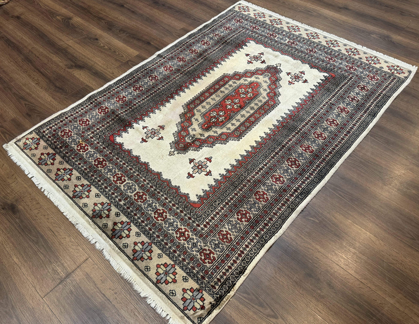 Pakistani Turkoman Rug 4x6, Semi Open Field, Ivory, Vintage