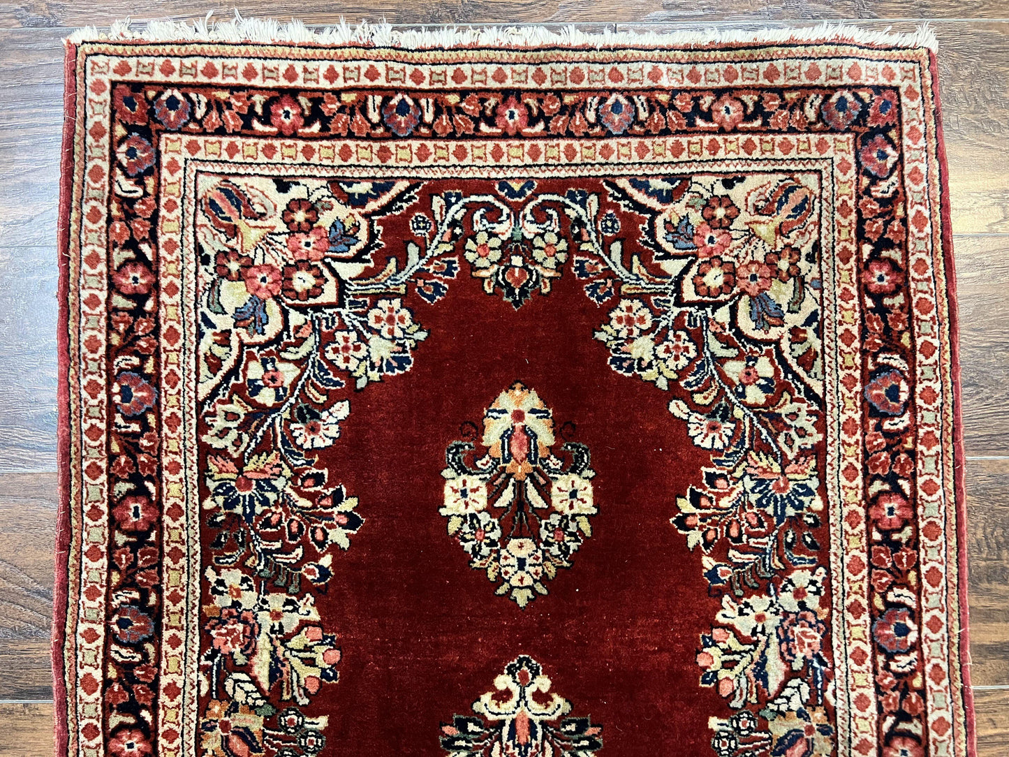 Persian Sarouk Runner Rug 2.7 x 6, Semi Open Field, Red, Handmade Hand Knotted, Wool Oriental Carpet, Vintage Semi Antique